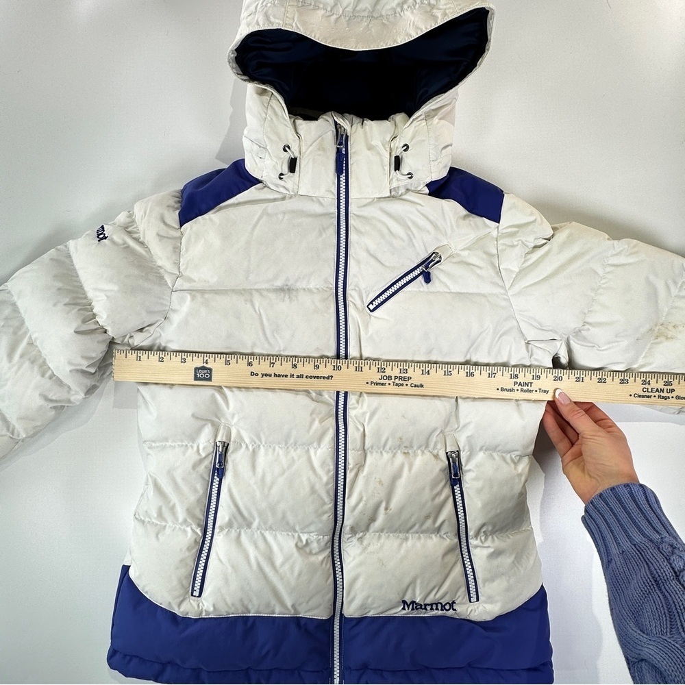 Marmot Men’s 700 Fill Down Jacket Hooded Winter Blue White Medium - Picture 15 of 16